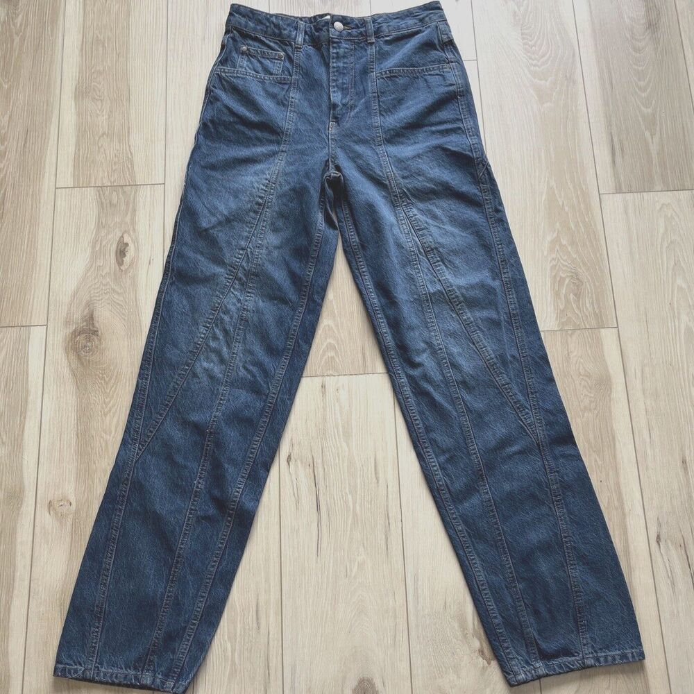 Zara High Rise Jeans Tapered‎ Leg Slim Fit Mid Rise Blue Sz 8 x 33" EUC Paneled